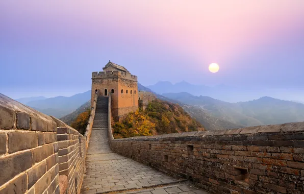 Picture the sun, mountains, fog, sunrise, morning, China, The great wall of China, Great Wall of …