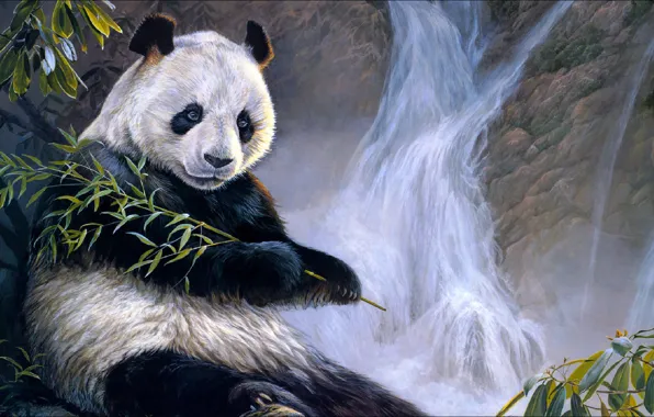 Bear, Panda, painting, bear, waterfall, panda, Paiting