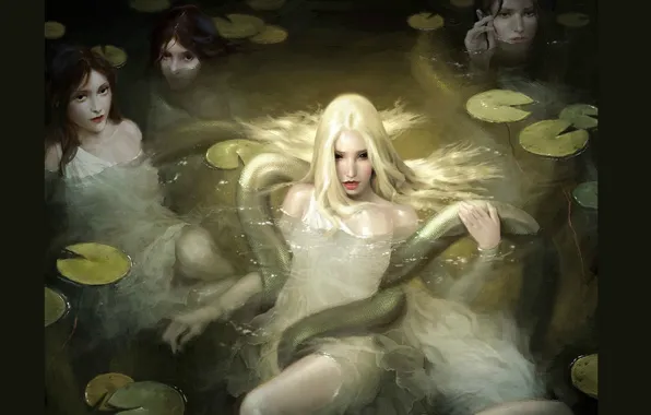 Picture water, snake, hands, mermaid, knees, witches