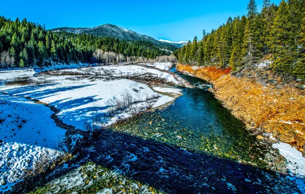 Picture winter, forest, snow, mountains, river, CA, California, Trinity Alps