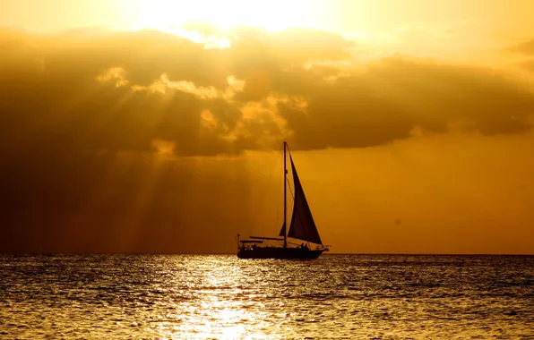 The sky, water, clouds, rays, sunset, the ocean, romance, calm