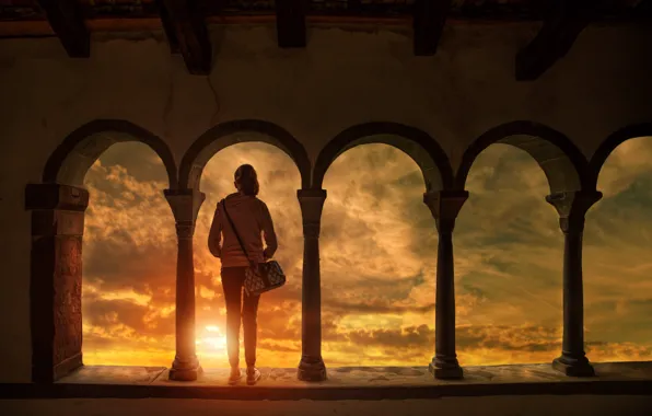 The sun, clouds, treatment, girl, arch