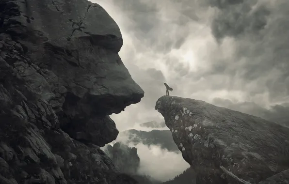 Clouds, mountains, fog, art, art, mountains