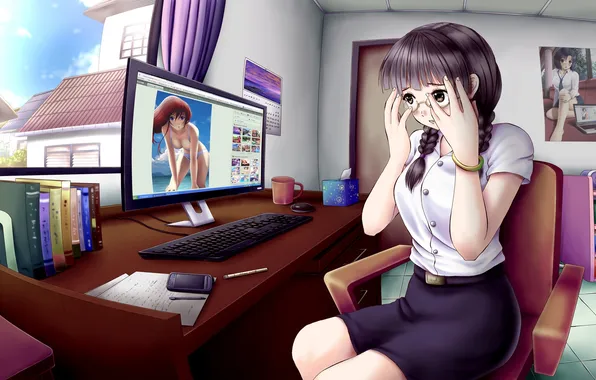 Computer, girl, room, poster, art, image, embarrassment, ilolamai