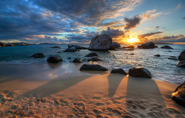 Sunset, stones, coast, Caribbean, British Virgin Islands, British virgin Islands, The Caribbean sea
