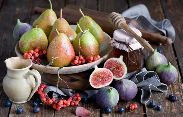 Autumn, berries, blueberries, honey, still life, pear, Rowan, figs