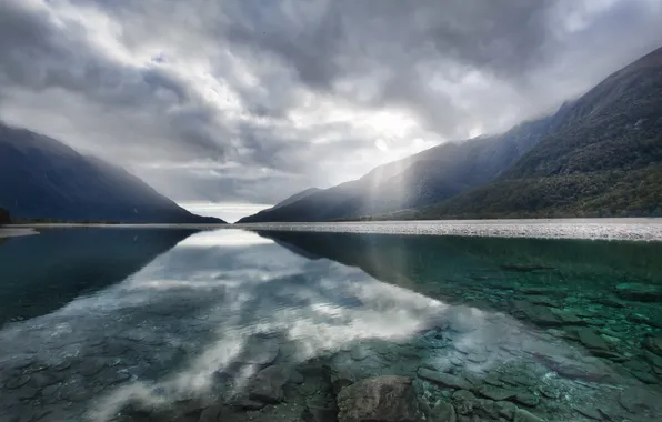 The sky, transparency, mountains, clouds, reflection, Lake