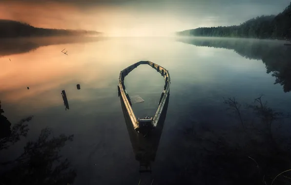 Lake, boat, the evening, haze, photo, old, Carlos M. Almagro