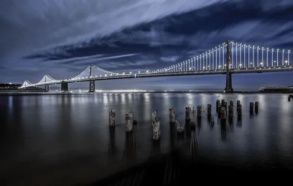 The sky, bridge, lights, port, CA, Bay, San Francisco, California