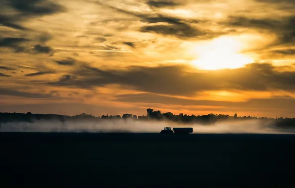 Landscape, sunset, tractor
