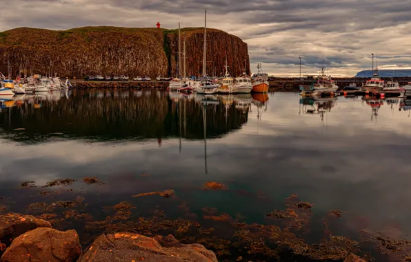 Machine, autumn, the sky, water, clouds, reflection, stones, overcast