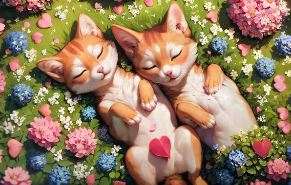 Flowers, meadow, kittens, red, sleep