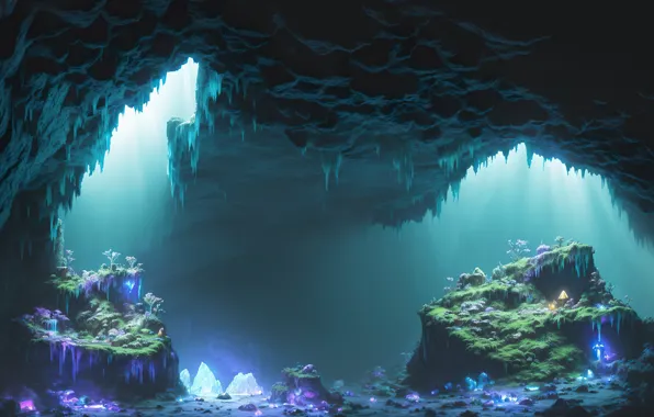 Crystals, cave, dungeon, digital art, AI art, art work Razor127, strange plants, speliology