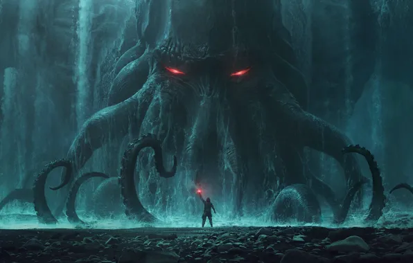 Picture Cthulhu, Cthulhu, monster, rocks, man, behemoth, tide, tentacles