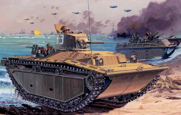 Picture figure, art, LVT(A)(1), Amtrac, lavushi tractor, AMphibious TRACKtor, Tracked amphibious machine, Landing Vehicle Tracked