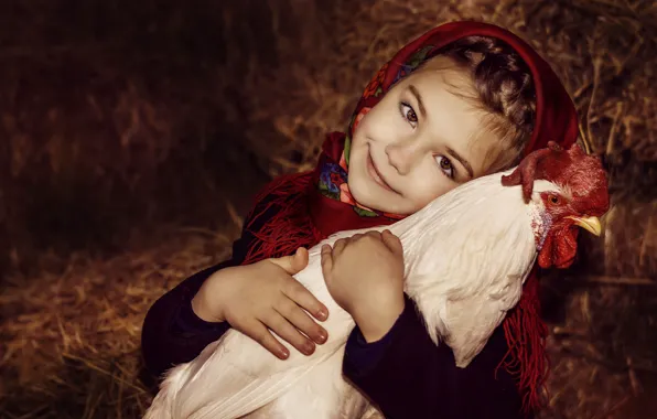 Picture face, smile, bird, hay, girl, shawl, child, cock