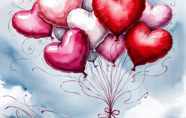 The sky, clouds, love, balloons, holiday, heart, heart, rope