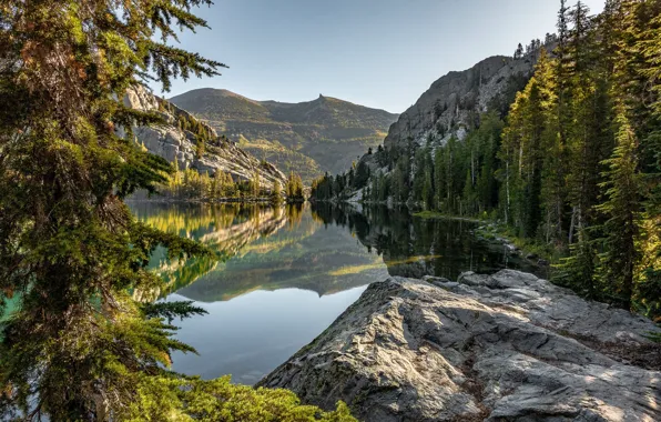 Forest, mountains, lake, reflection, stone, CA, California, Sierra Nevada
