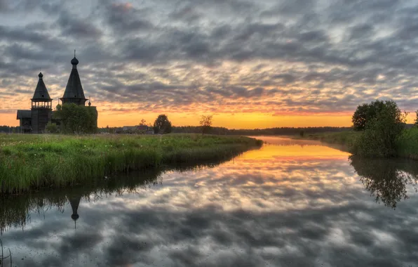 Picture landscape, nature, pond, morning, village, Church, grass, Bank