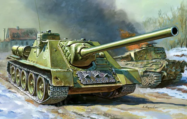 Picture figure, self-propelled artillery, Soviet, tank fighter, PT-ACS, Su-100