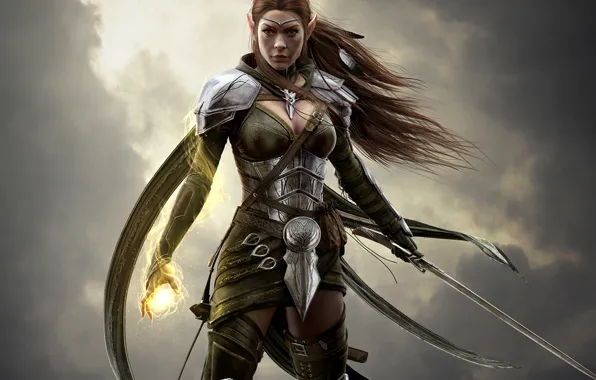 Picture the sky, look, girl, clouds, hair, sword, armor, warrior