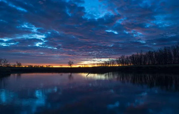 The sky, water, clouds, trees, clouds, surface, reflection, river