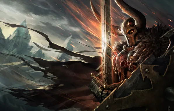 Picture Chaos, Warrior, horns, cloak, blade, Fantasy Battle, Warhammer FB, Chaos Knight