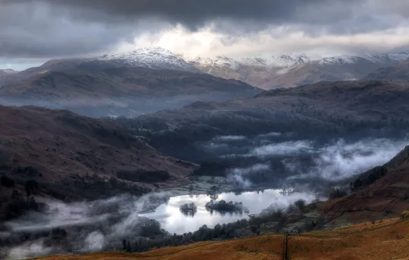 Mountains, fog, lake, England, Cumbria, South Lakeland, South Lakeland District