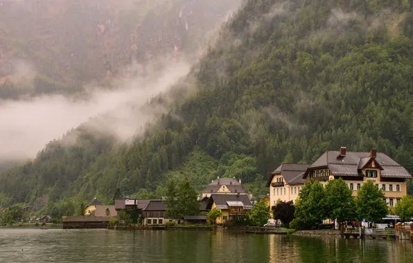 Forest, mountains, the city, fog, Austria, Hallstatt