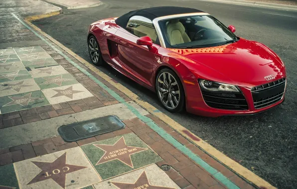 Picture red, audi, stars, convertible, the sidewalk