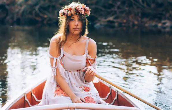 Picture girl, lake, reflection, boat, hair, dress, lips, paddle