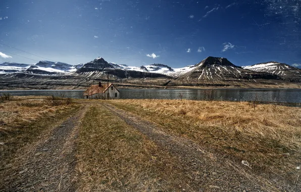 Picture road, mountains, lake, house, style