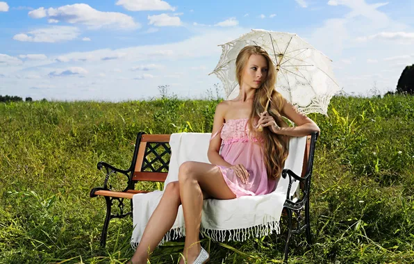 Picture summer, the sky, grass, girl, bench, nature, dress, blonde