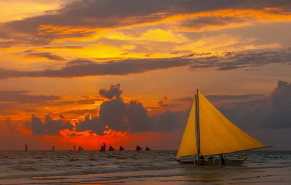 Picture sea, sunset, sailboats