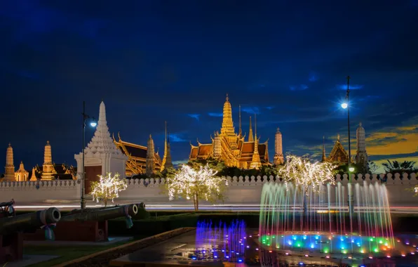 Night, the city, fountain, Thailand, Bangkok, temples