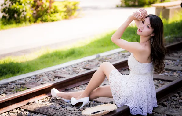 Picture look, pose, rails, Asian, white dress, long hair, long hair, look