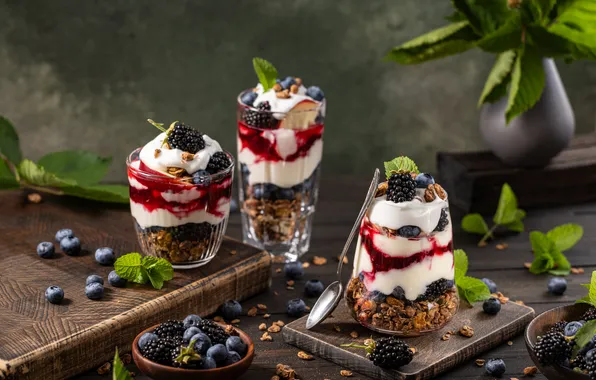 Berries, table, blueberries, glasses, cream, dessert, BlackBerry, yogurt