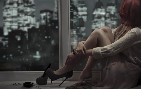 Picture sadness, Girl, twilight, window, shoes, brown hair, ashtray