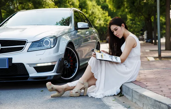 Picture Girls, Mercedes, Asian, beautiful girl, white car, sitting on the curb