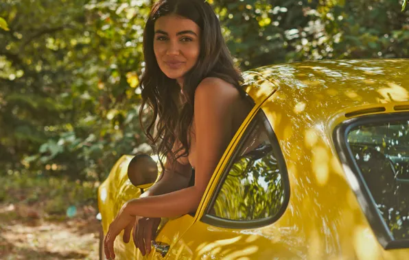 Car, nipples, yellow, park, model, woods, nude, brunette