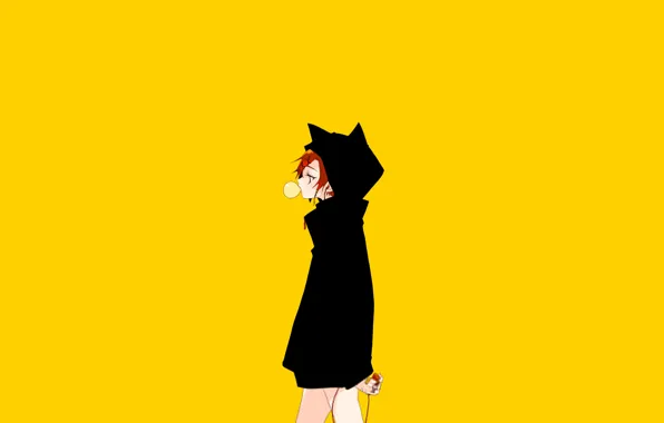 Girl, minimalism, hood, bubble, cloak, yellow background, gum, cat ears