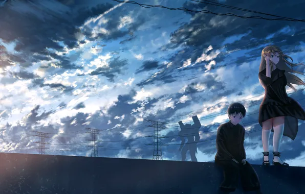 The sky, girl, guy, neon genesis evangelion, Asuka Langley Sohryu, shinji ikari