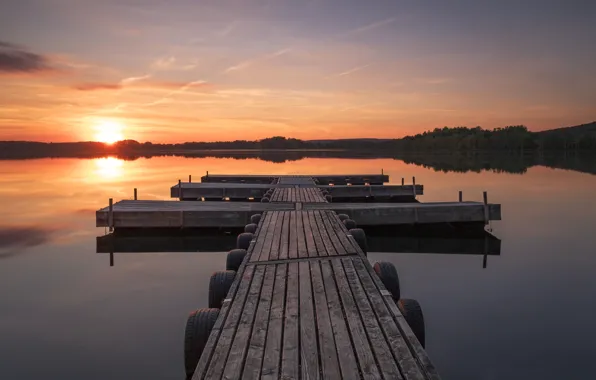 Sunset, Board, pier, pierce, tires, the bridge, bridges, pond