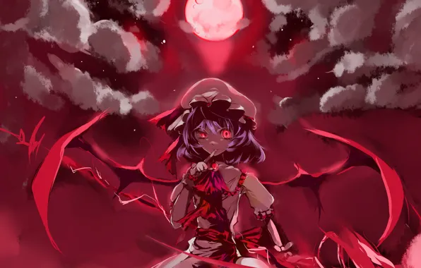 Picture girl, the moon, wings, vampire, red eyes, touhou, remilia scarlet, vampire