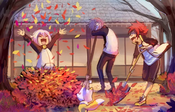 Friends, fun, fallen leaves, Fox, three guys, Touken Ranbu, Tsurumaru Kuninagas, Dance of swords