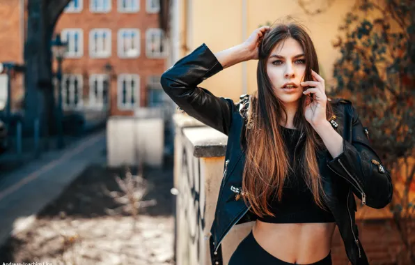 Picture girl, pose, street, portrait, makeup, jacket, hairstyle, brown hair