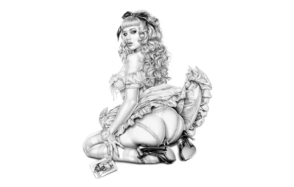 Girl, graphics, pencils, dress, art, shoes, white background, painting