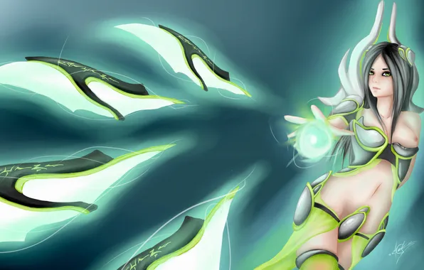 Picture chest, look, girl, weapons, magic, art, league of legends, Irelia