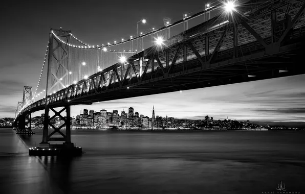 Picture bridge, the city, lights, b/W, San Francisco, photographer, Kenji Yamamura