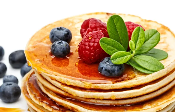 Berries, raspberry, blueberries, honey, pancakes, pancakes, pancakes